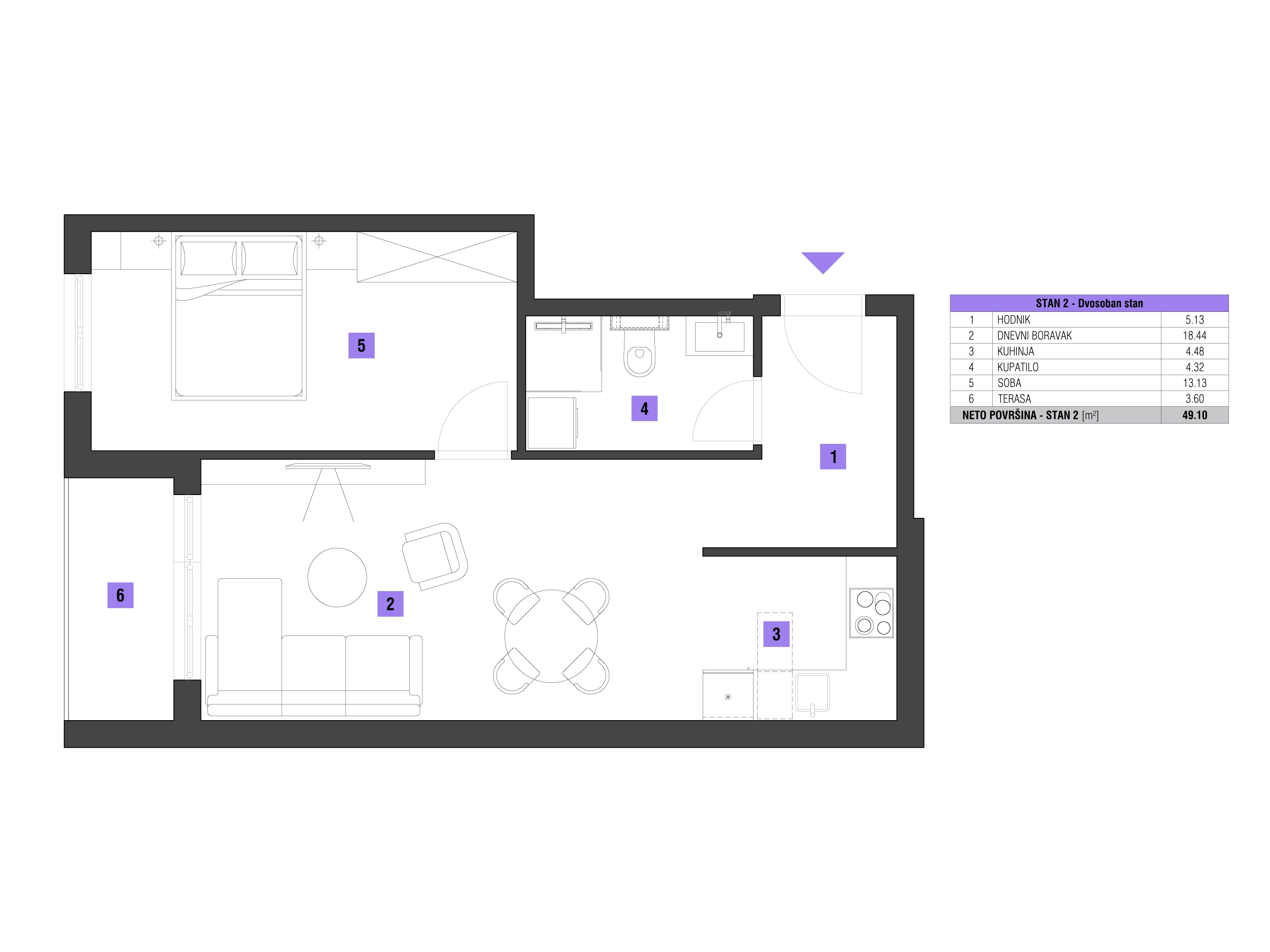 Dvosoban stan površine 49m2