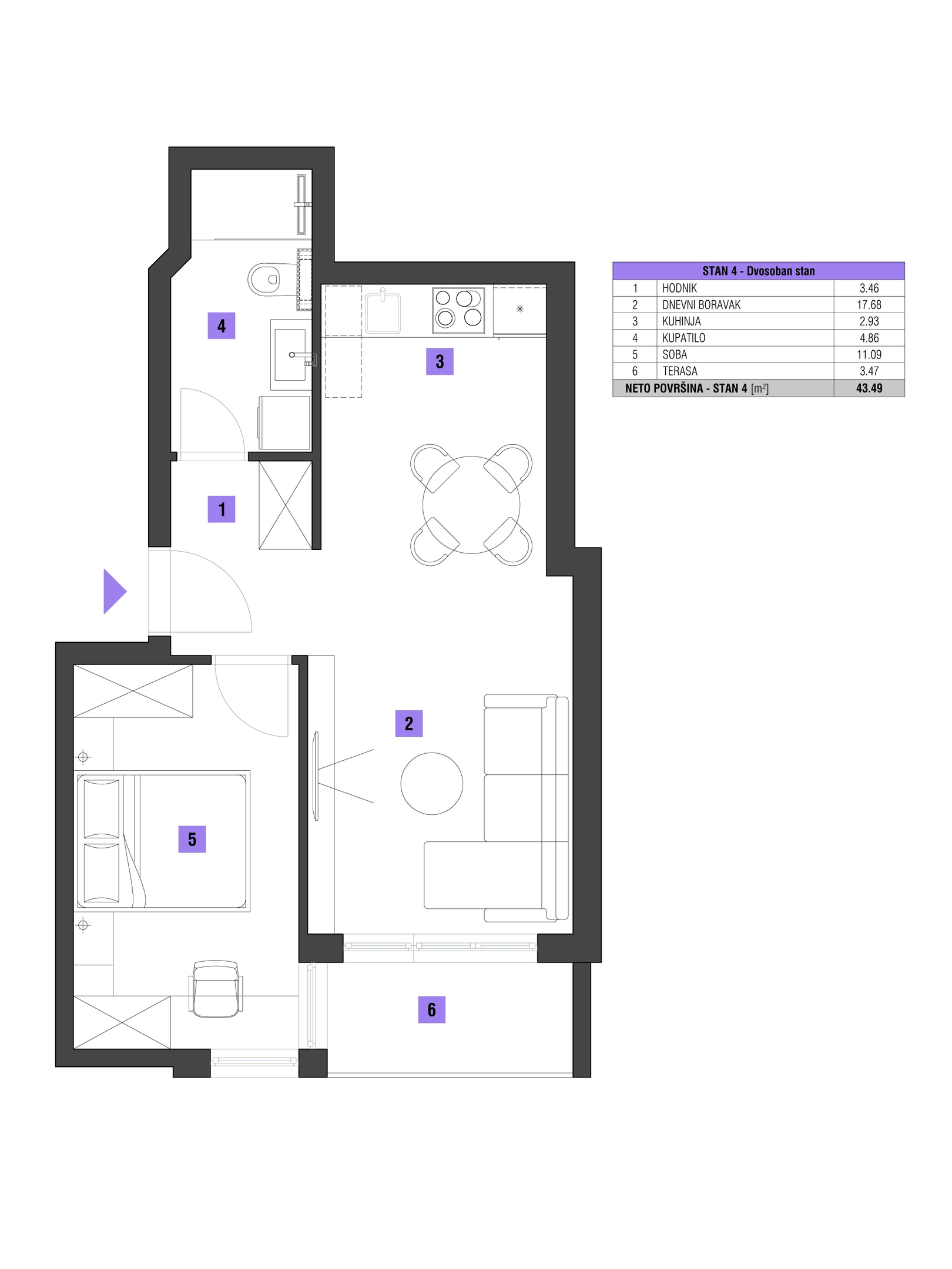 Dvosoban površine 44m2