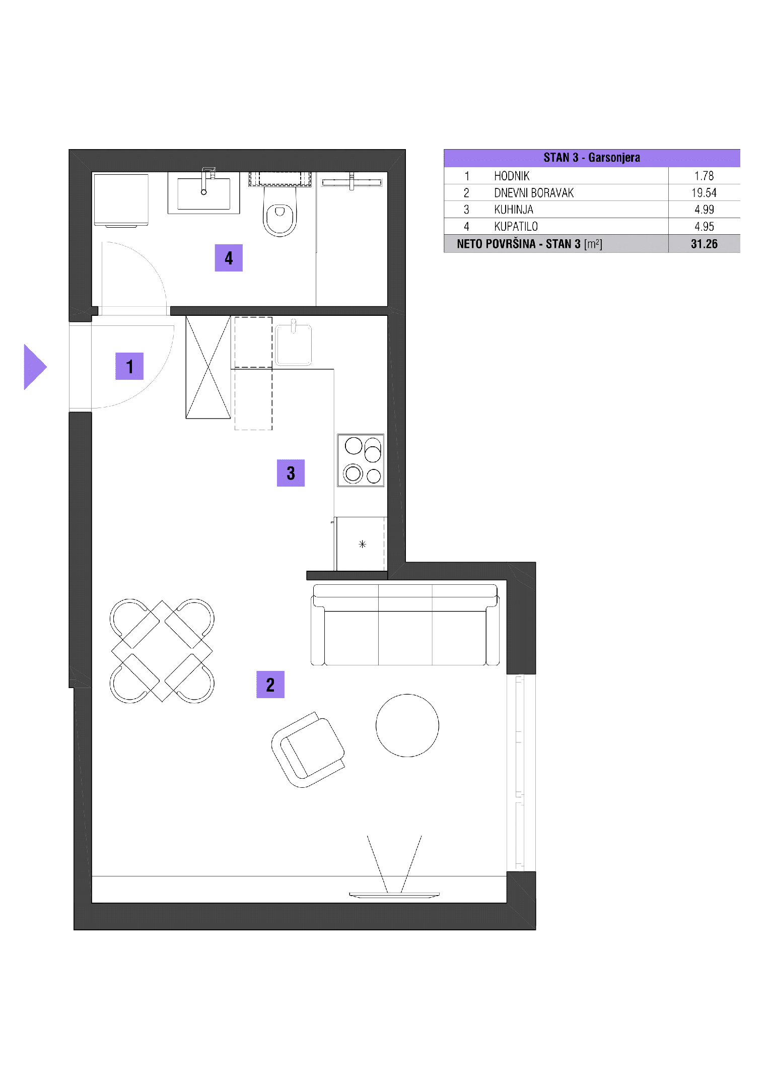 Trosoban stan  površine 57m2