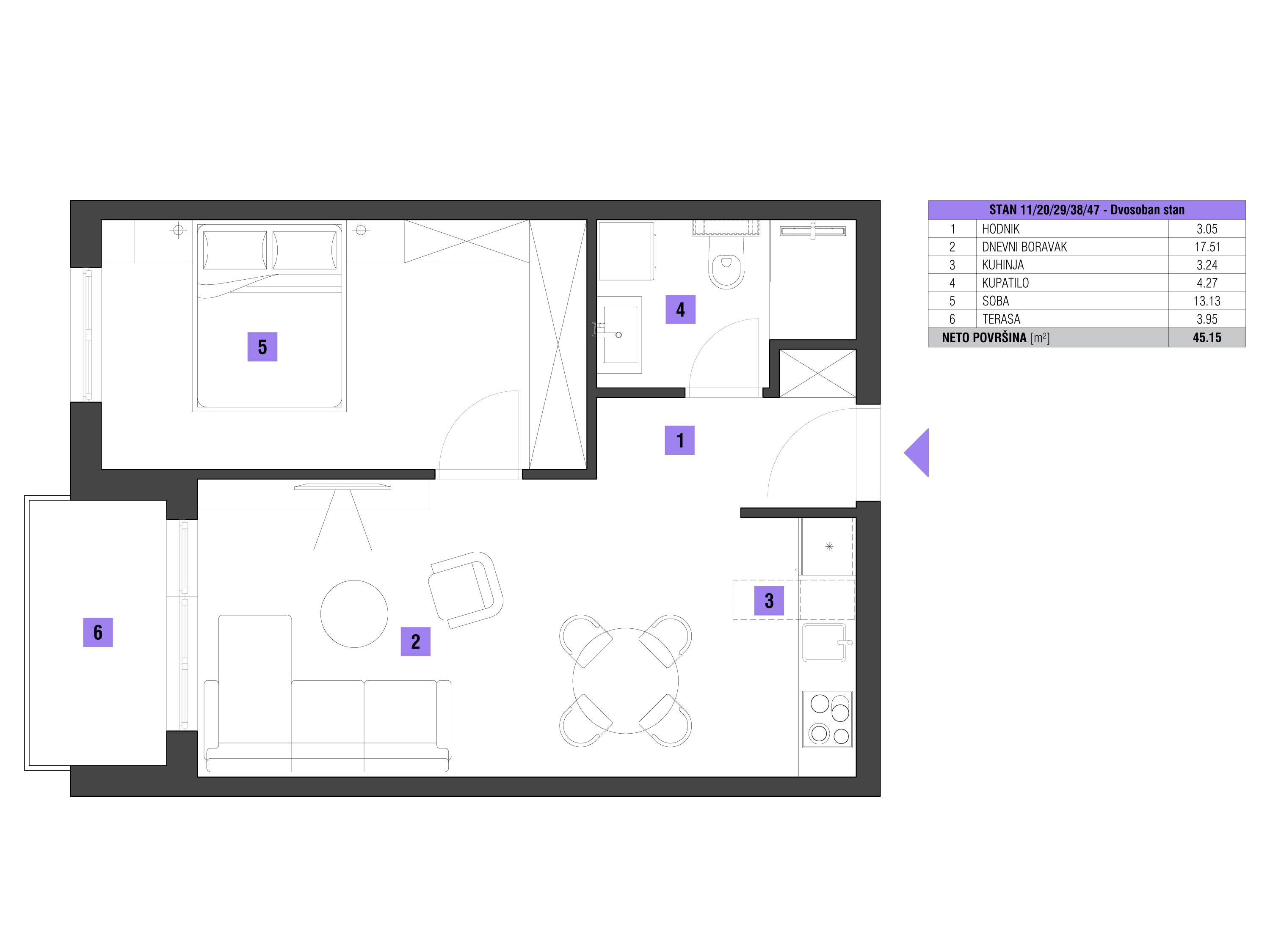 Dvosoban stan površine 45m2