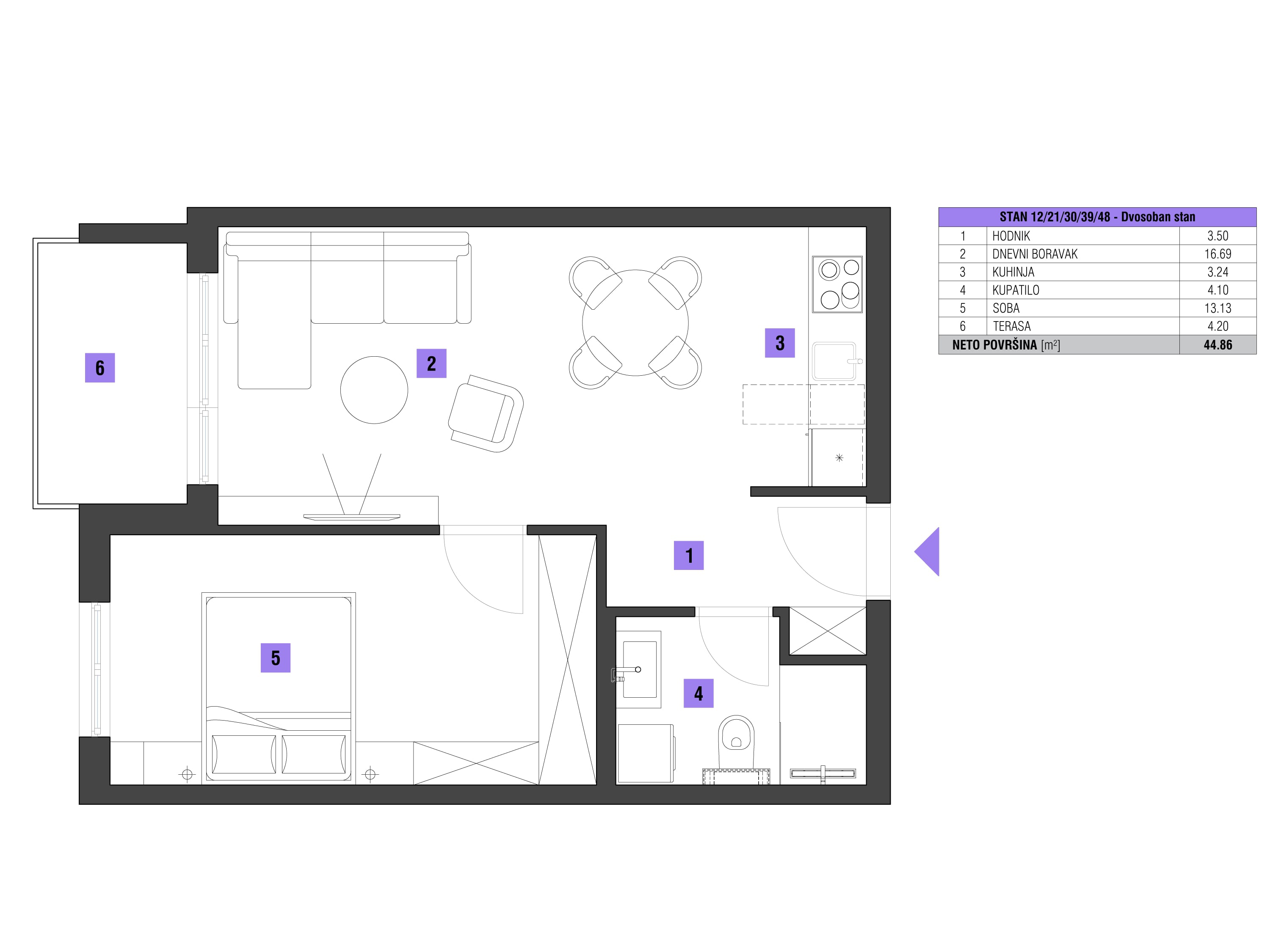 Dvosoban stan površine 45m2