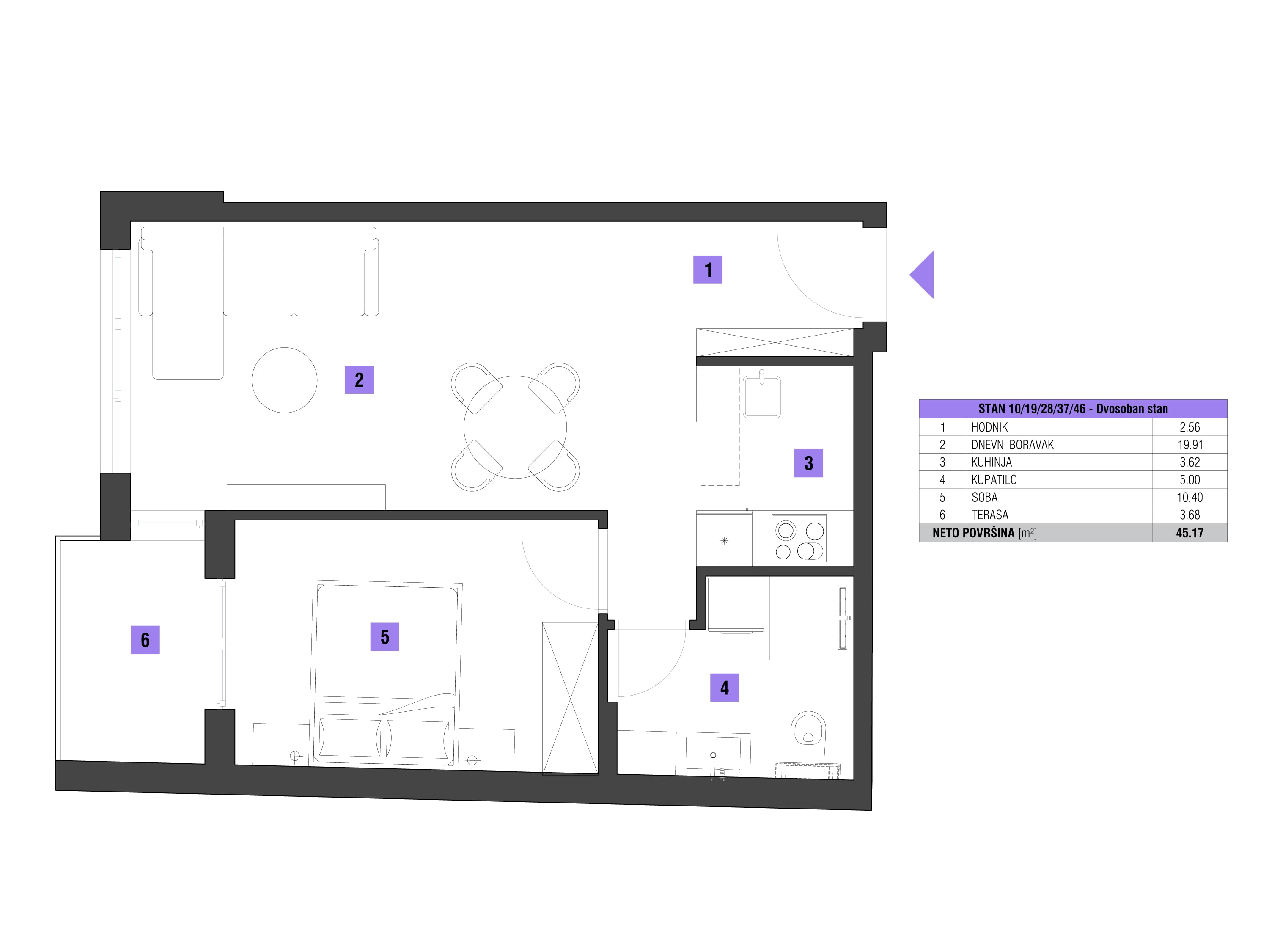 Dvosoban stan površine 45m2