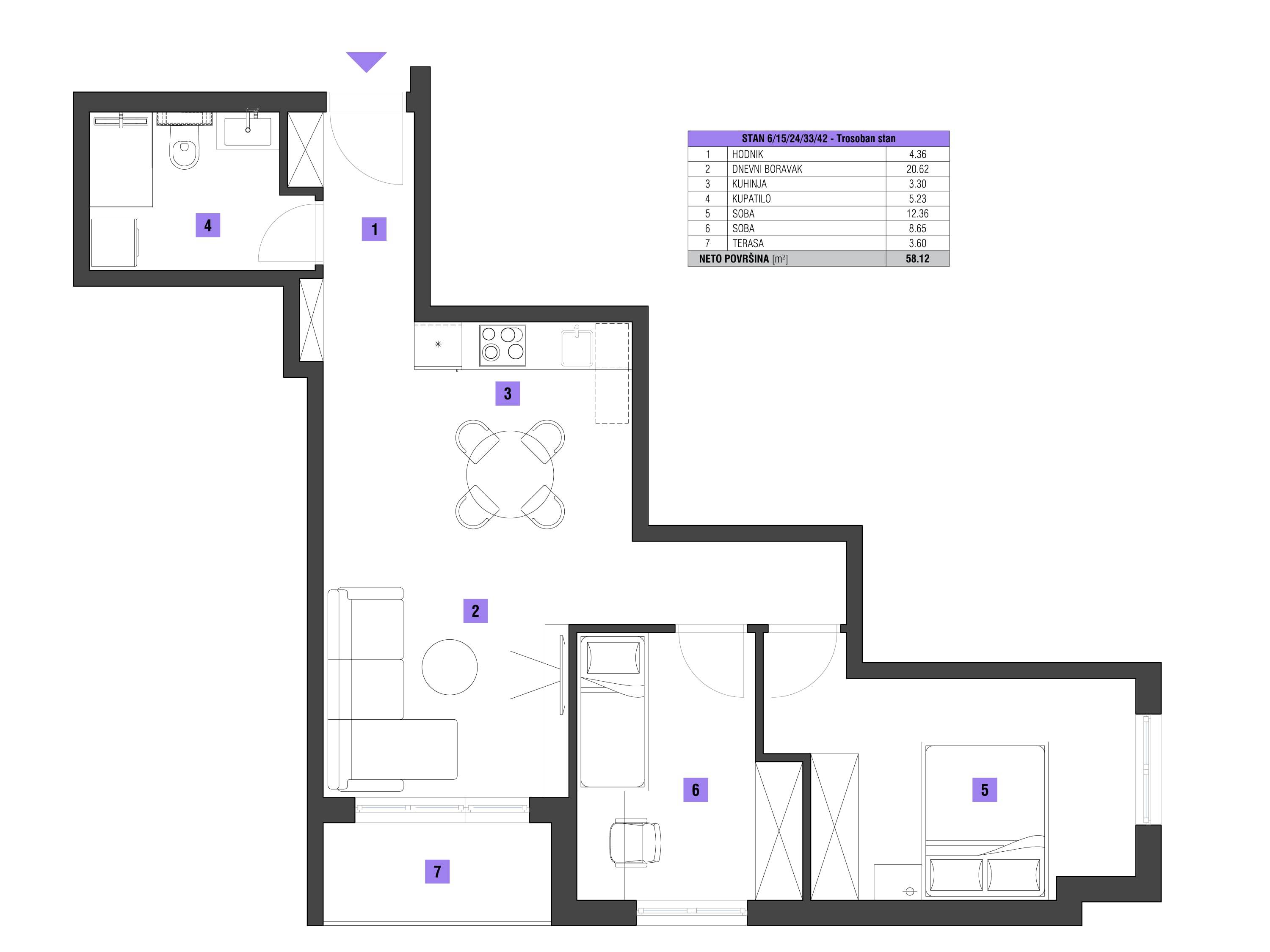 Trosoban stan  površine 58m2